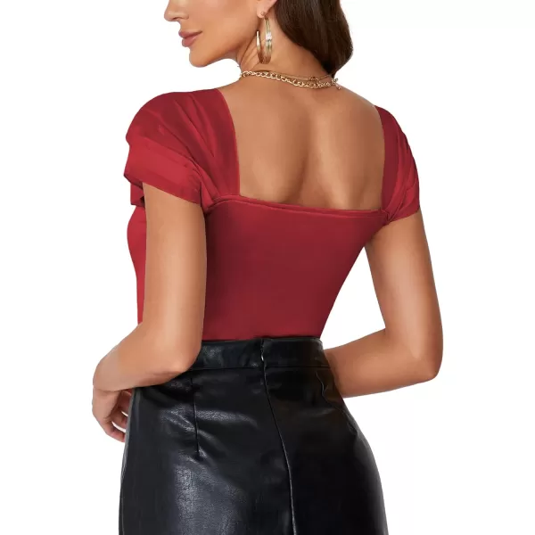 LYANER Women’s Satin Silky Sweetheart Lace Cap Sleeve Stretchy Party Skinny Bodysuit Romper Leotard Top