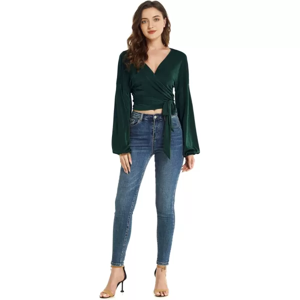 LYANER Women's V Neck Self Tie Knot Bishop Long Sleeve Wrap Crop Blouse T-Shirt Top