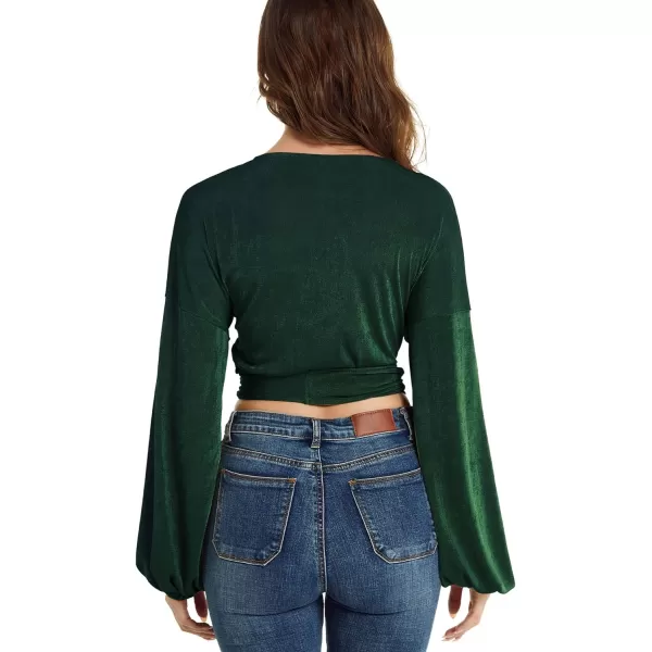 LYANER Women's V Neck Self Tie Knot Bishop Long Sleeve Wrap Crop Blouse T-Shirt Top