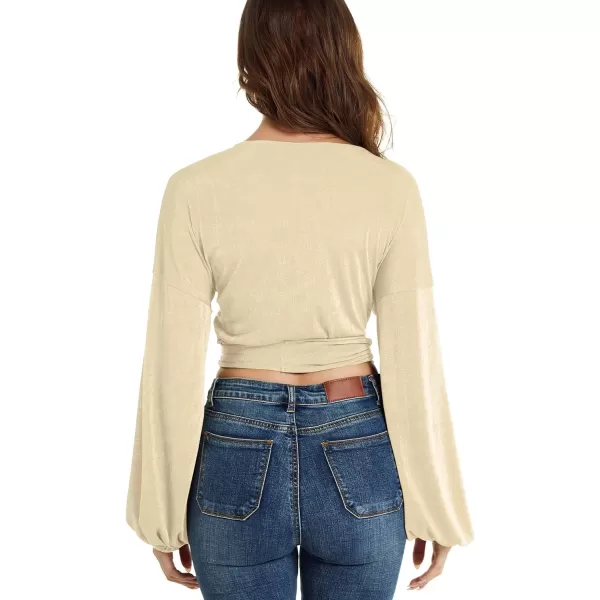 LYANER Women's V Neck Self Tie Knot Bishop Long Sleeve Wrap Crop Blouse T-Shirt Top