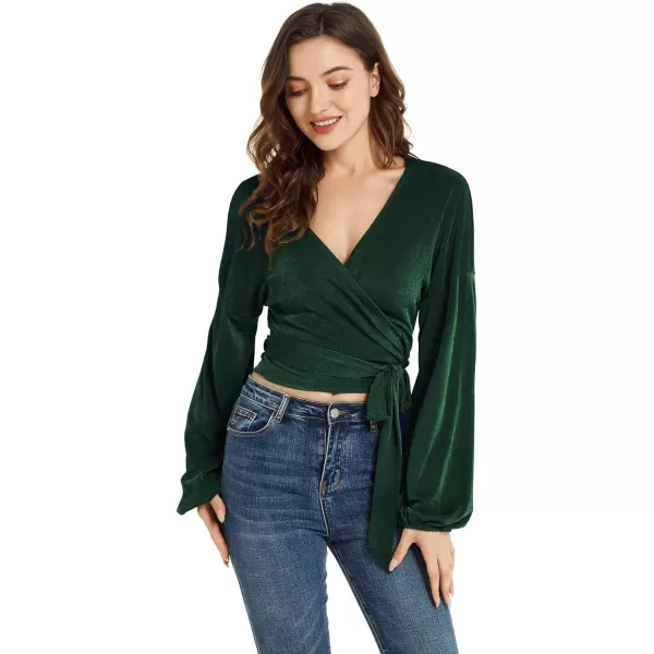 LYANER Women's V Neck Self Tie Knot Bishop Long Sleeve Wrap Crop Blouse T-Shirt Top