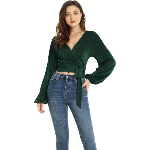 LYANER Women's V Neck Self Tie Knot Bishop Long Sleeve Wrap Crop Blouse T-Shirt Top