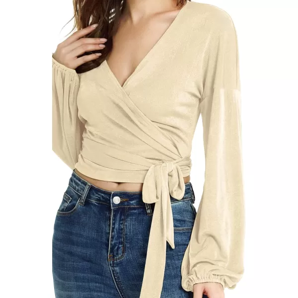 LYANER Women's V Neck Self Tie Knot Bishop Long Sleeve Wrap Crop Blouse T-Shirt Top