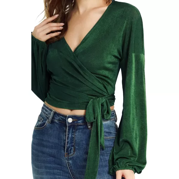 LYANER Women's V Neck Self Tie Knot Bishop Long Sleeve Wrap Crop Blouse T-Shirt Top