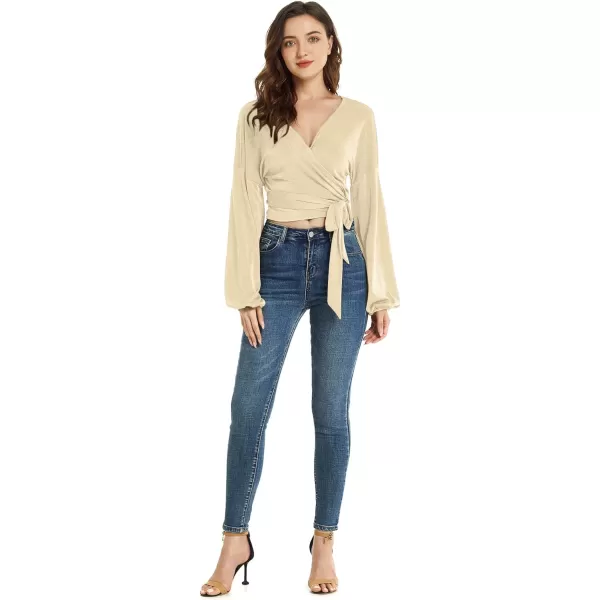 LYANER Women's V Neck Self Tie Knot Bishop Long Sleeve Wrap Crop Blouse T-Shirt Top