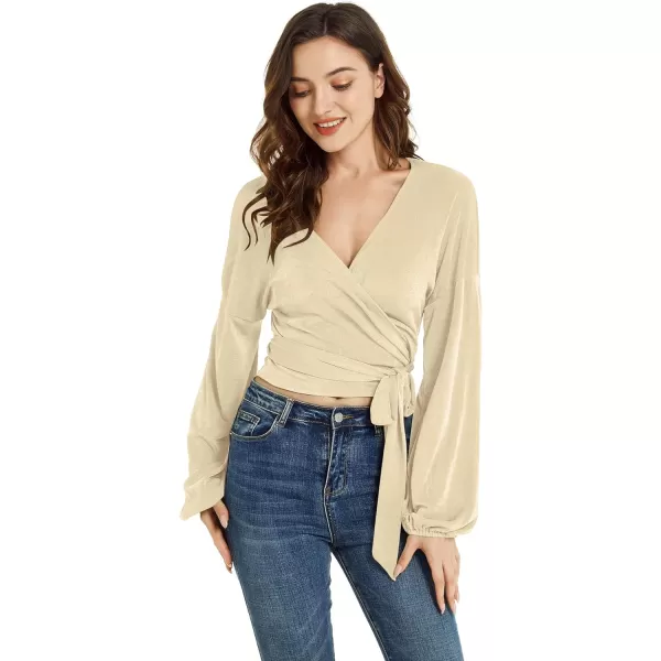 LYANER Women's V Neck Self Tie Knot Bishop Long Sleeve Wrap Crop Blouse T-Shirt Top