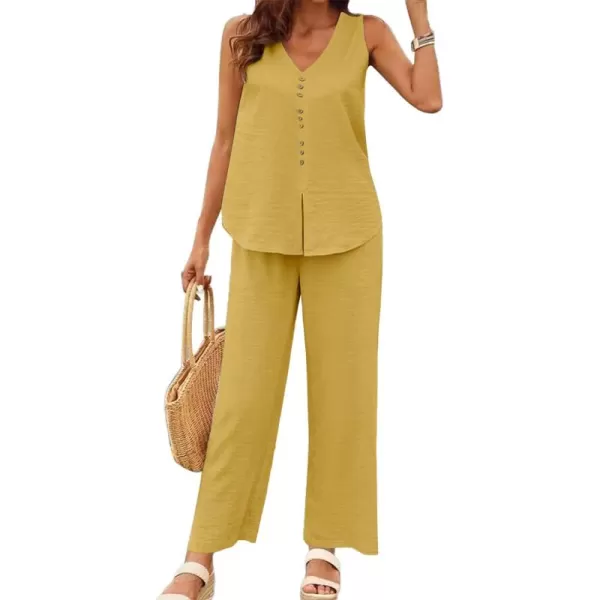 LYANER Women's 2 Piece Outfits V Neck Sleeveless Button Front Tank Top And High Waist Straight Wide Leg Long Pants Set
