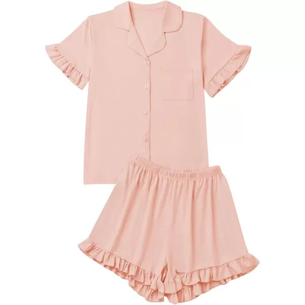LYANER Women's Button Down V Neck Short Sleeve Ruffle Trim Top with Shorts Sleepwear Pajamas Set