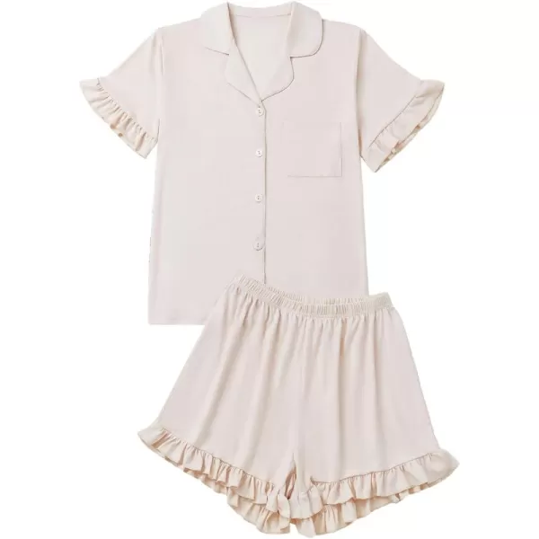 LYANER Women's Button Down V Neck Short Sleeve Ruffle Trim Top with Shorts Sleepwear Pajamas Set