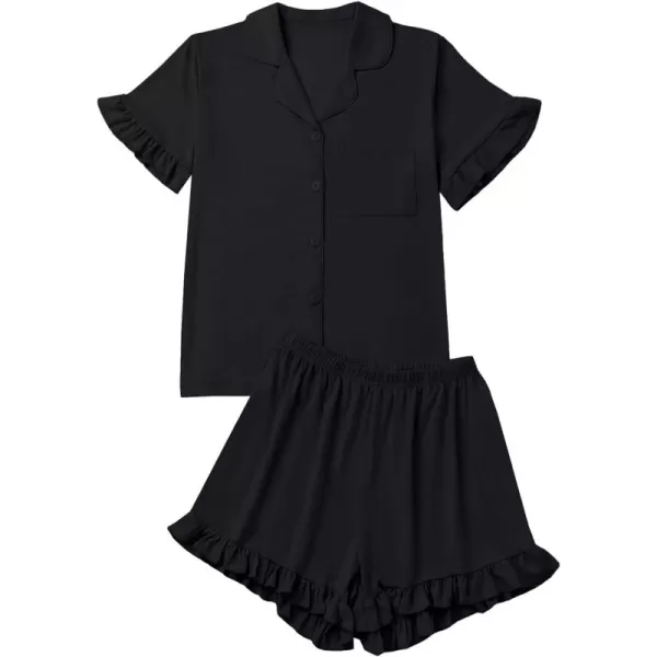 LYANER Women's Button Down V Neck Short Sleeve Ruffle Trim Top with Shorts Sleepwear Pajamas Set