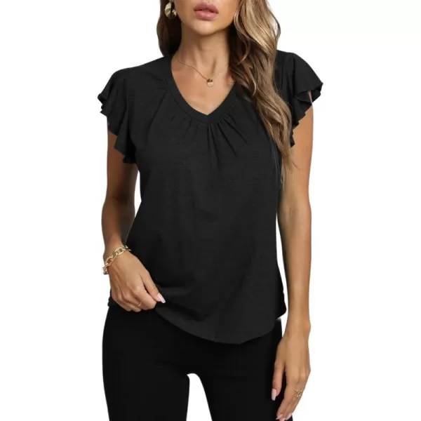 LYANER Women's Casual Ruffle Cap Sleeve V Neck Pleated Front Shirt Blouse Tunic Top