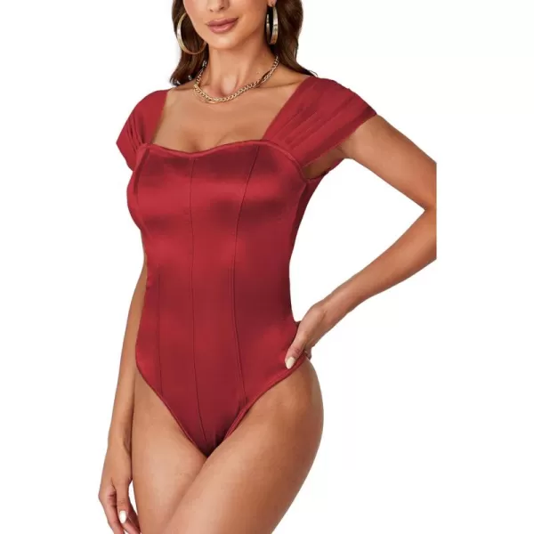 LYANER Women’s Satin Silky Sweetheart Lace Cap Sleeve Stretchy Party Skinny Bodysuit Romper Leotard Top