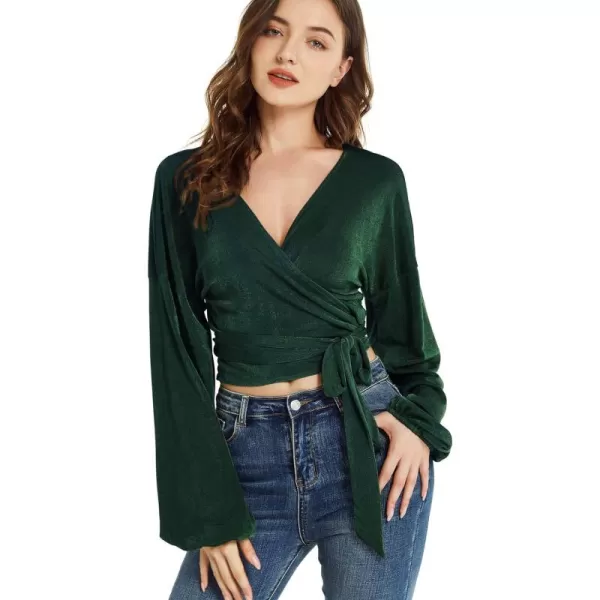 LYANER Women's V Neck Self Tie Knot Bishop Long Sleeve Wrap Crop Blouse T-Shirt Top