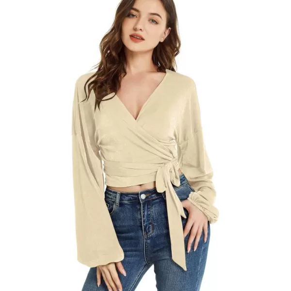 LYANER Women's V Neck Self Tie Knot Bishop Long Sleeve Wrap Crop Blouse T-Shirt Top
