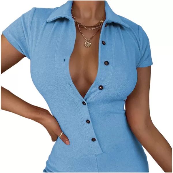 LYANER Women's Collar Button Front Short Sleeve One Piece Romper Playsuit Bodysuit