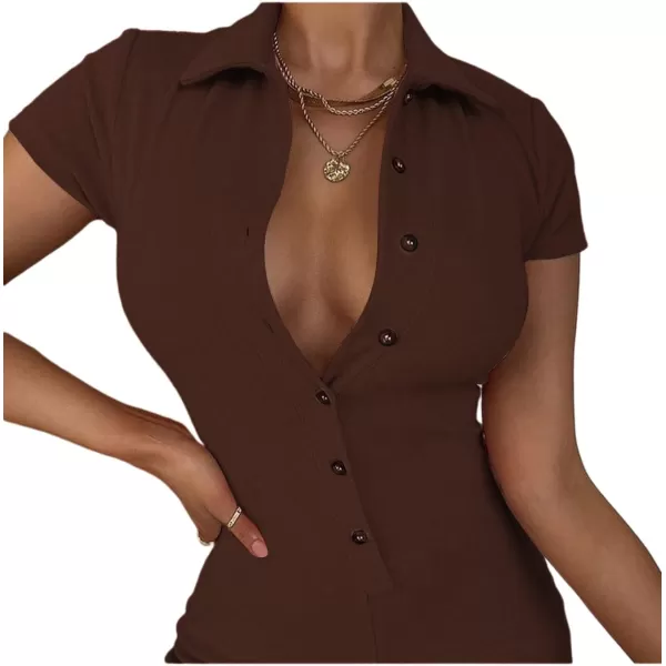 LYANER Women's Collar Button Front Short Sleeve One Piece Romper Playsuit Bodysuit
