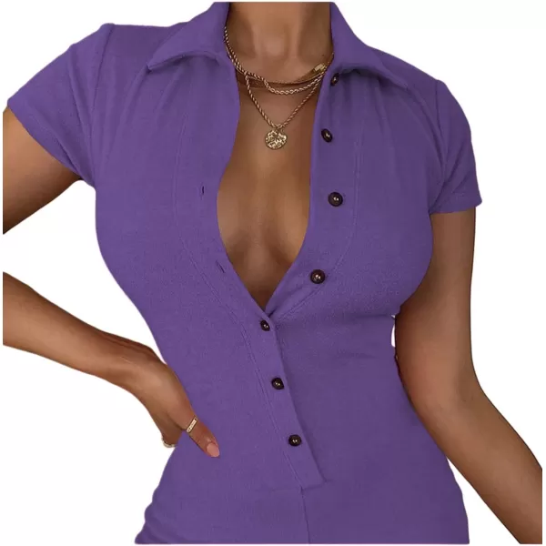 LYANER Women's Collar Button Front Short Sleeve One Piece Romper Playsuit Bodysuit