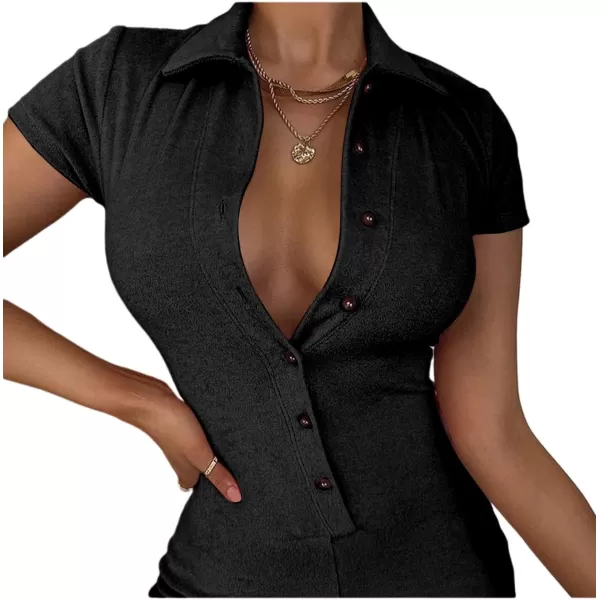 LYANER Women's Collar Button Front Short Sleeve One Piece Romper Playsuit Bodysuit