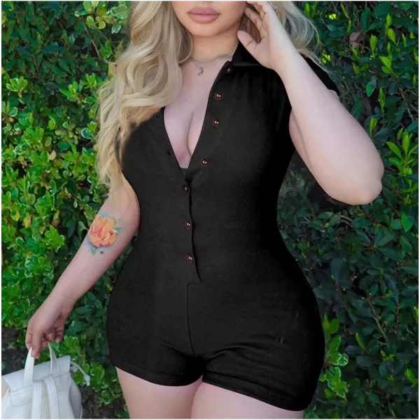 LYANER Women's Collar Button Front Short Sleeve One Piece Romper Playsuit Bodysuit