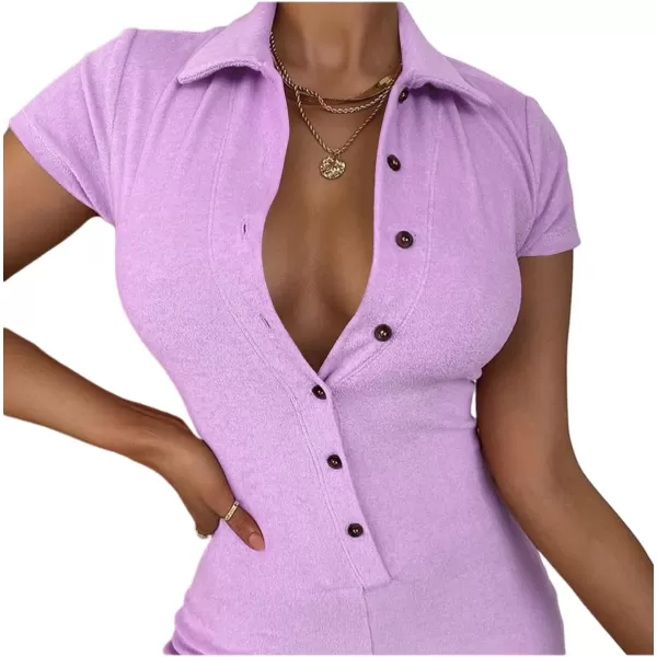 LYANER Women's Collar Button Front Short Sleeve One Piece Romper Playsuit Bodysuit