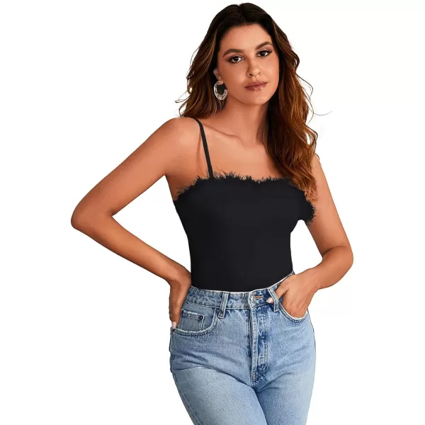 LYANER Women’s Feather Trim Spaghetti Strap Basic Sleeveless Tube Top Crop Cami Top