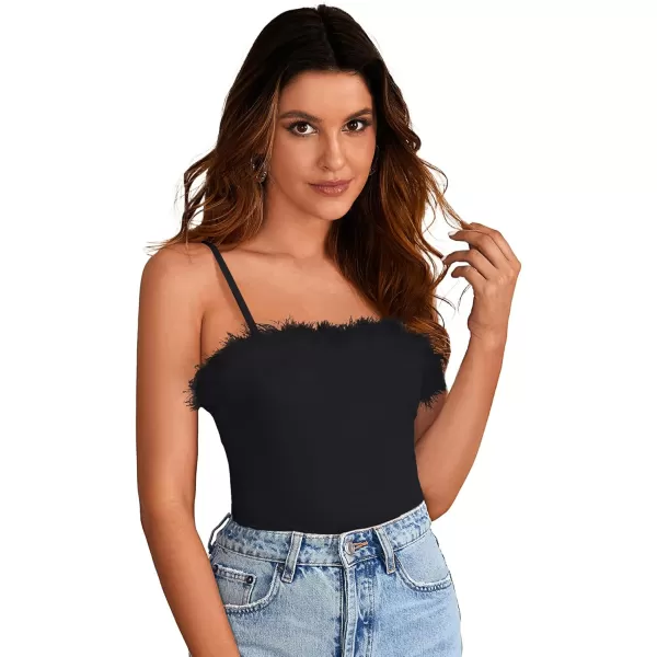 LYANER Women’s Feather Trim Spaghetti Strap Basic Sleeveless Tube Top Crop Cami Top