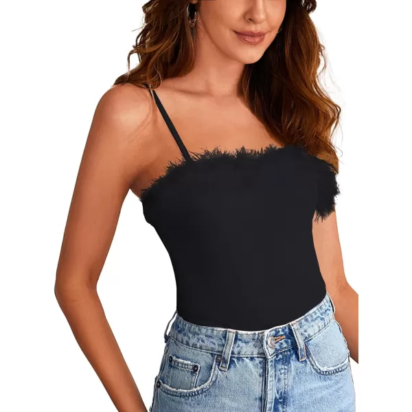 LYANER Women’s Feather Trim Spaghetti Strap Basic Sleeveless Tube Top Crop Cami Top