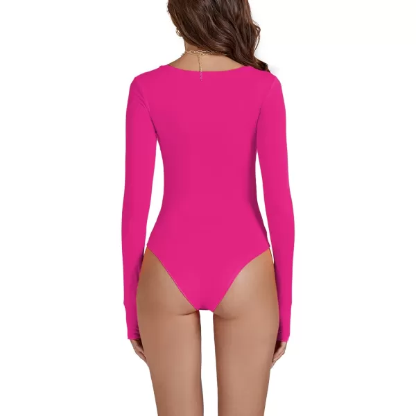 LYANER Women's Scoop Neck Long Sleeve Slim Fit Stretchy Bodysuit Jumpsuits with Thumbholes