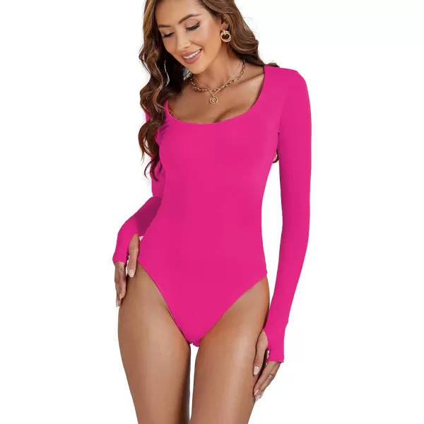LYANER Women's Scoop Neck Long Sleeve Slim Fit Stretchy Bodysuit Jumpsuits with Thumbholes