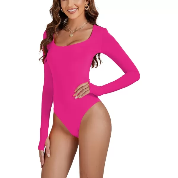 LYANER Women's Scoop Neck Long Sleeve Slim Fit Stretchy Bodysuit Jumpsuits with Thumbholes