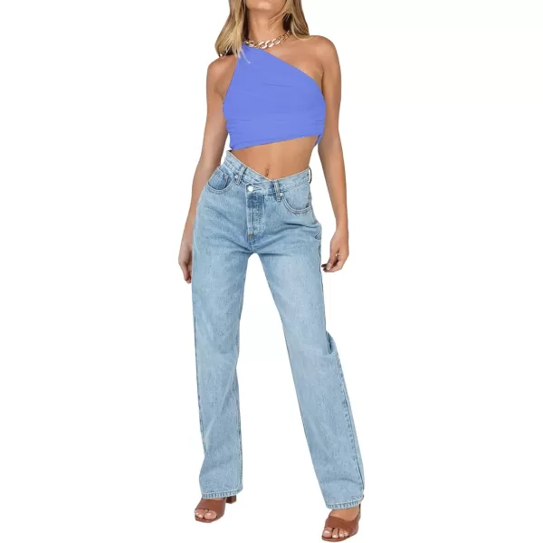 LYANER Women's Sexy Ruched One Shoulder Sleeveless Crop Top Strappy Cami Tank