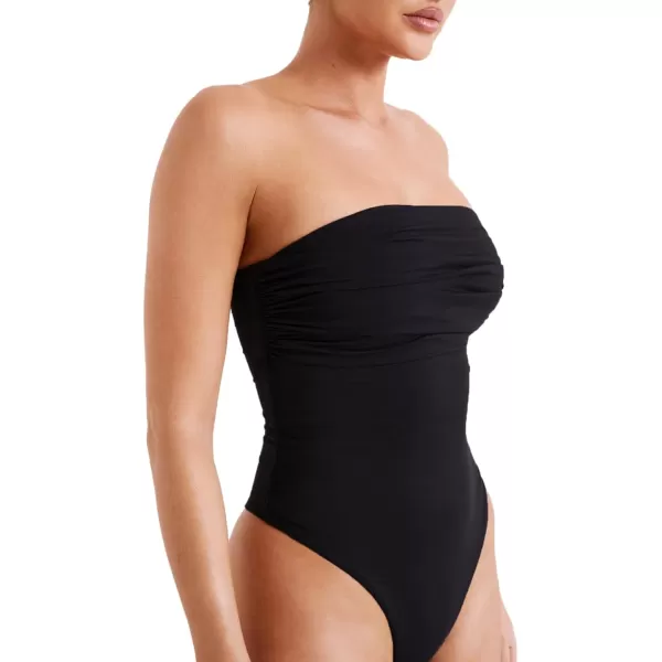 LYANER Women's Sleeveless Ruched Strapless Tube Bodysuit Leotard Top
