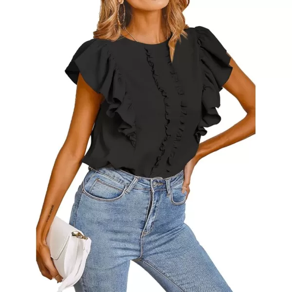 LYANER Women's Casual Ruffle Trim Short Sleeve Round Neck Blouse Shirt Top