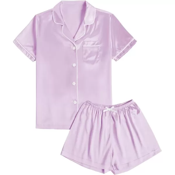 LYANER Women's Satin Silk Pajamas Short Sleeve Button Shirt &amp; Shorts Set PJ Sleepwear