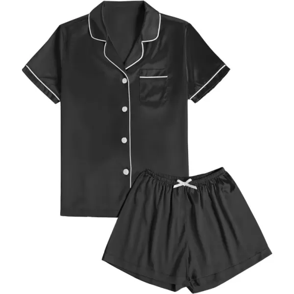 LYANER Women's Satin Silk Pajamas Short Sleeve Button Shirt &amp; Shorts Set PJ Sleepwear
