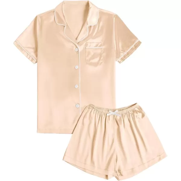 LYANER Women's Satin Silk Pajamas Short Sleeve Button Shirt &amp; Shorts Set PJ Sleepwear