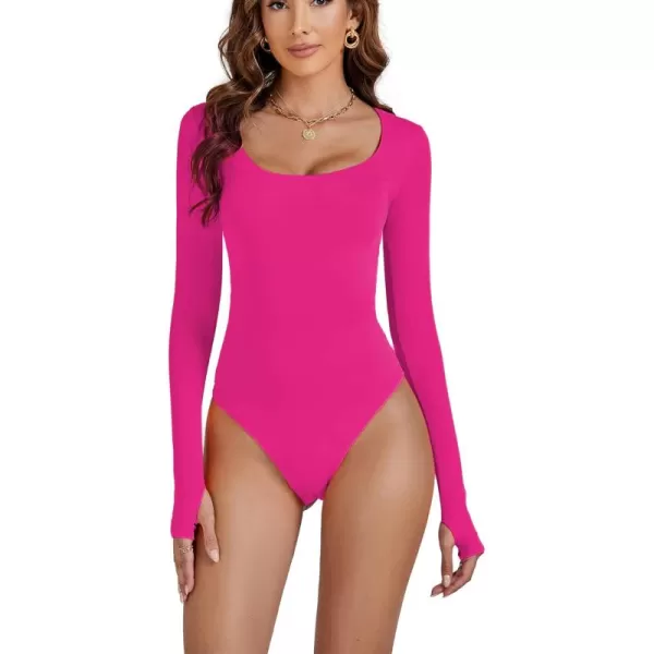 LYANER Women's Scoop Neck Long Sleeve Slim Fit Stretchy Bodysuit Jumpsuits with Thumbholes