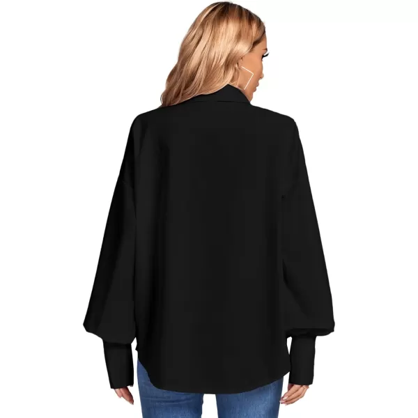 LYANER Women's Collar V Neck Button Front Puff Long Sleeve Loose Shirt Office Blouse Top