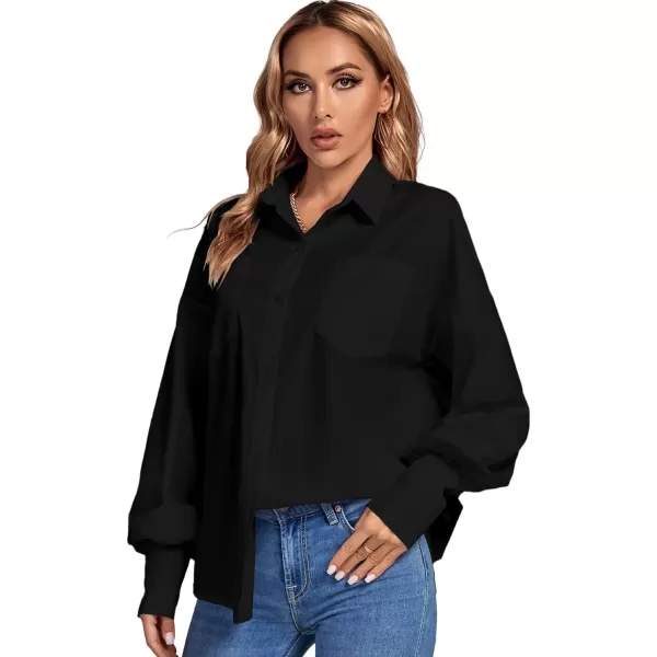 LYANER Women's Collar V Neck Button Front Puff Long Sleeve Loose Shirt Office Blouse Top