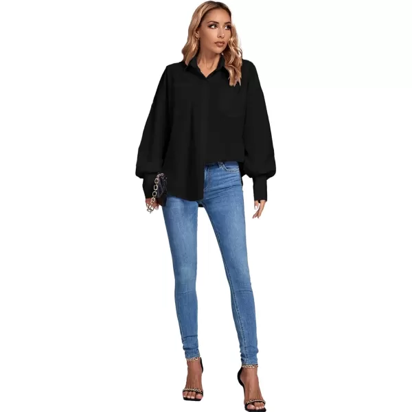 LYANER Women's Collar V Neck Button Front Puff Long Sleeve Loose Shirt Office Blouse Top
