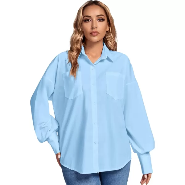 LYANER Women's Collar V Neck Button Front Puff Long Sleeve Loose Shirt Office Blouse Top