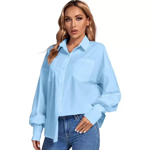 LYANER Women's Collar V Neck Button Front Puff Long Sleeve Loose Shirt Office Blouse Top