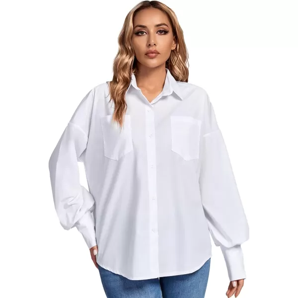 LYANER Women's Collar V Neck Button Front Puff Long Sleeve Loose Shirt Office Blouse Top