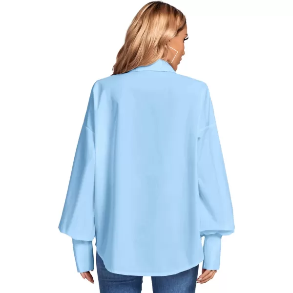 LYANER Women's Collar V Neck Button Front Puff Long Sleeve Loose Shirt Office Blouse Top