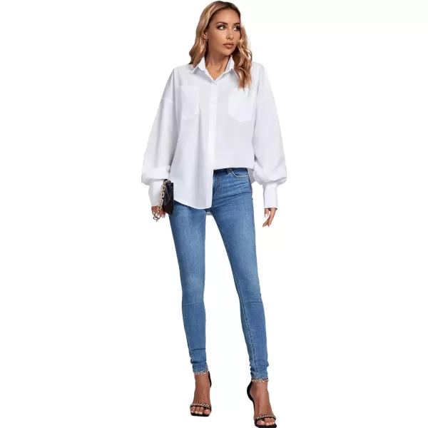 LYANER Women's Collar V Neck Button Front Puff Long Sleeve Loose Shirt Office Blouse Top