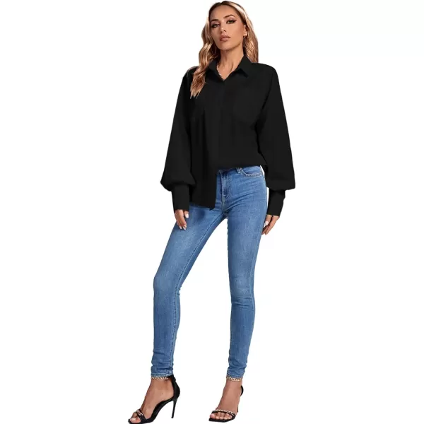 LYANER Women's Collar V Neck Button Front Puff Long Sleeve Loose Shirt Office Blouse Top