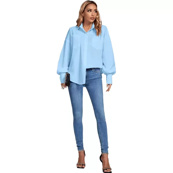 LYANER Women's Collar V Neck Button Front Puff Long Sleeve Loose Shirt Office Blouse Top