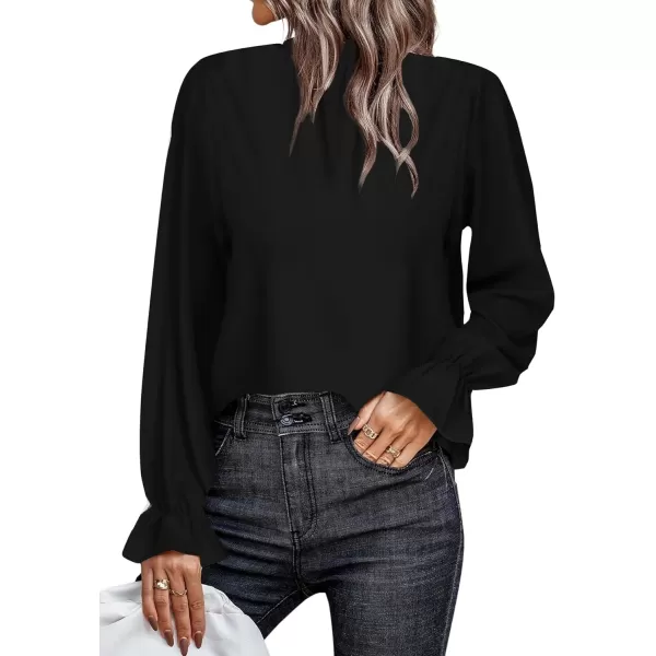 LYANER Women's Print Mock Neck Flounce Long Sleeve Shirred Blouse Top Shirt