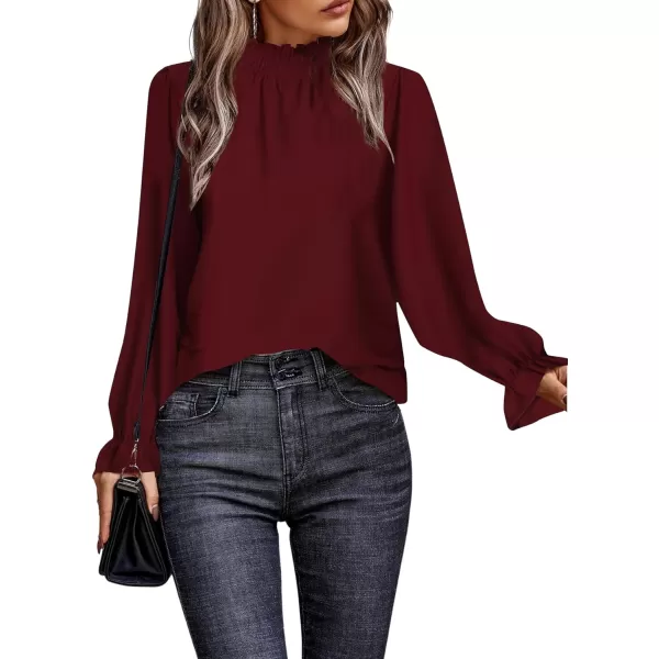 LYANER Women's Print Mock Neck Flounce Long Sleeve Shirred Blouse Top Shirt
