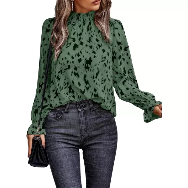 LYANER Women's Print Mock Neck Flounce Long Sleeve Shirred Blouse Top Shirt
